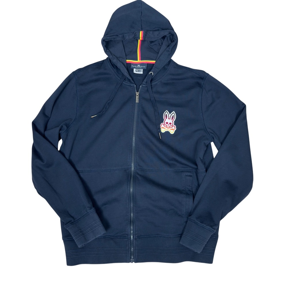 Psycho Bunny Full Zip Hoodie Mens L Navy Blue Neon Gradient Logo Heavy Weight - Picture 7 of 9